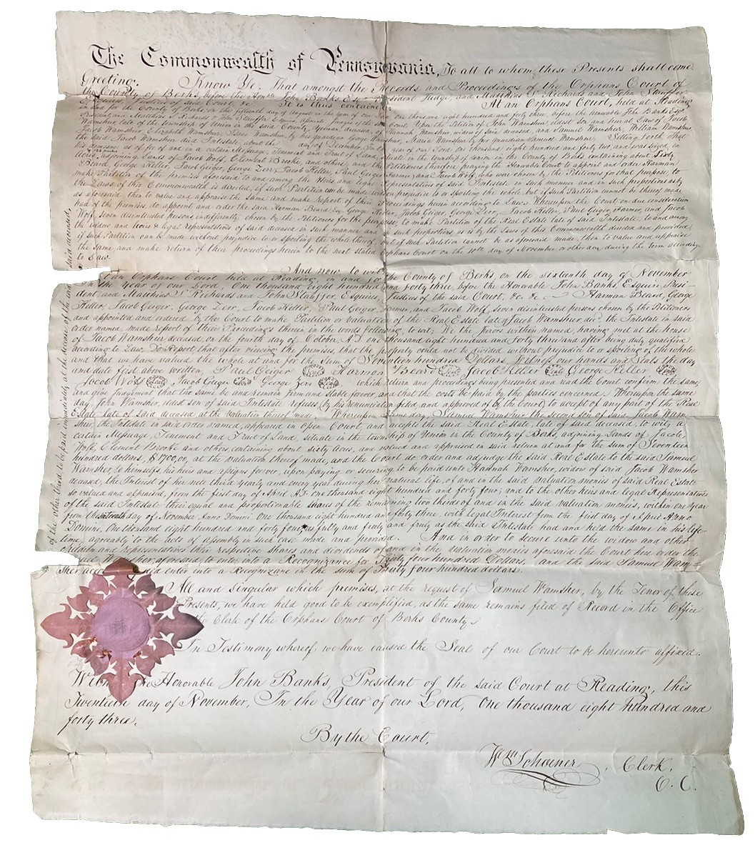 City of Reading Berks County PA Antique 1843 Exemplification Deed Orphan Court