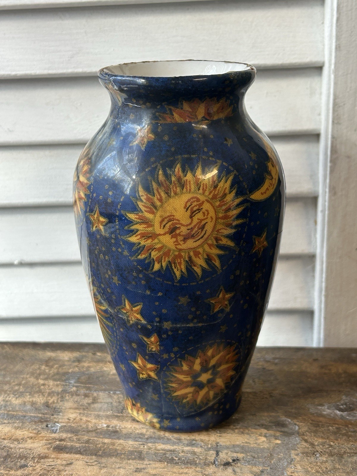 Vintage 90s Celestial Vase, Whimsigothic Sun Face, Stars Moon 6”