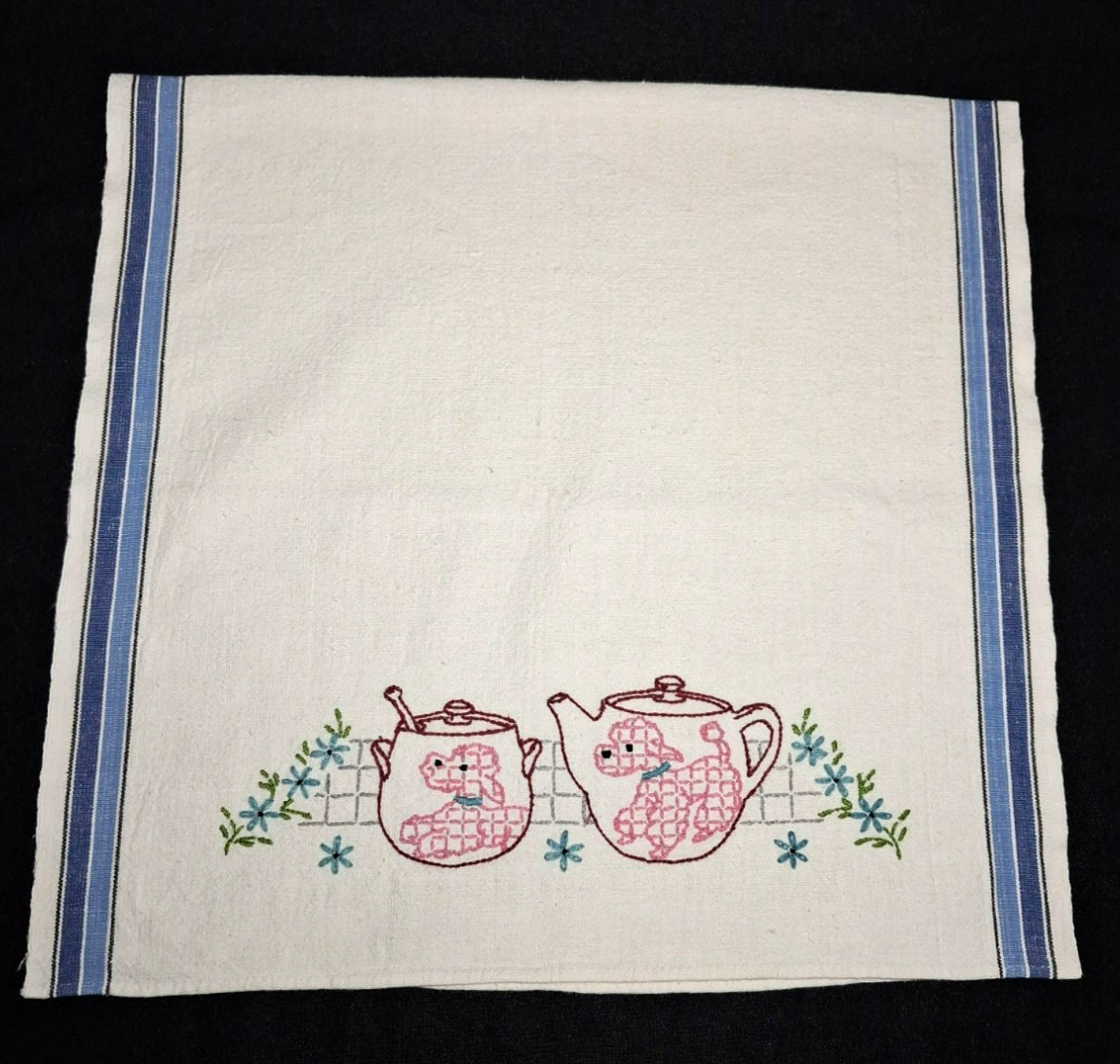 VTG White Cotton/Linen Kitchen Towel W/ Hand Embroidered Pink Poodles & Other