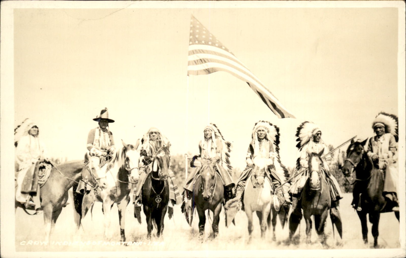 Billings MT Photog Crow Native American Indians American flag c1920 RPPC bhn