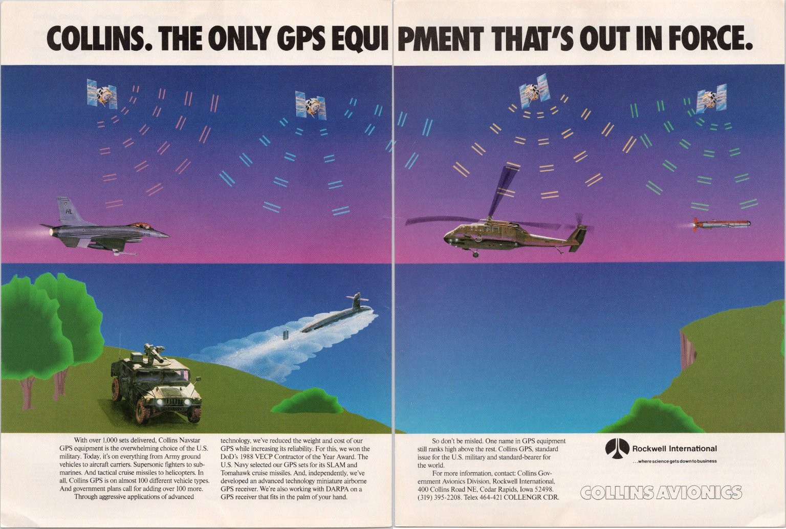 Collins Rockwell Vintage 1990 GPS Military Tech Magazine Ad 2-Page Spread