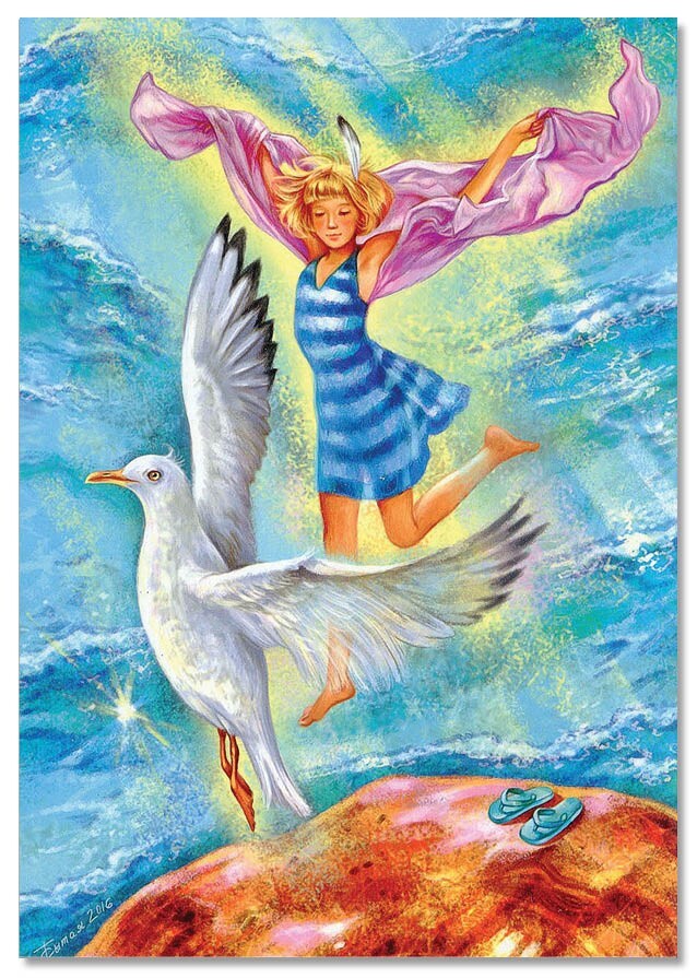 PRETTY YOUNG GIRL Flight Flight over the ocean Bird ART Russian NEW Postcard