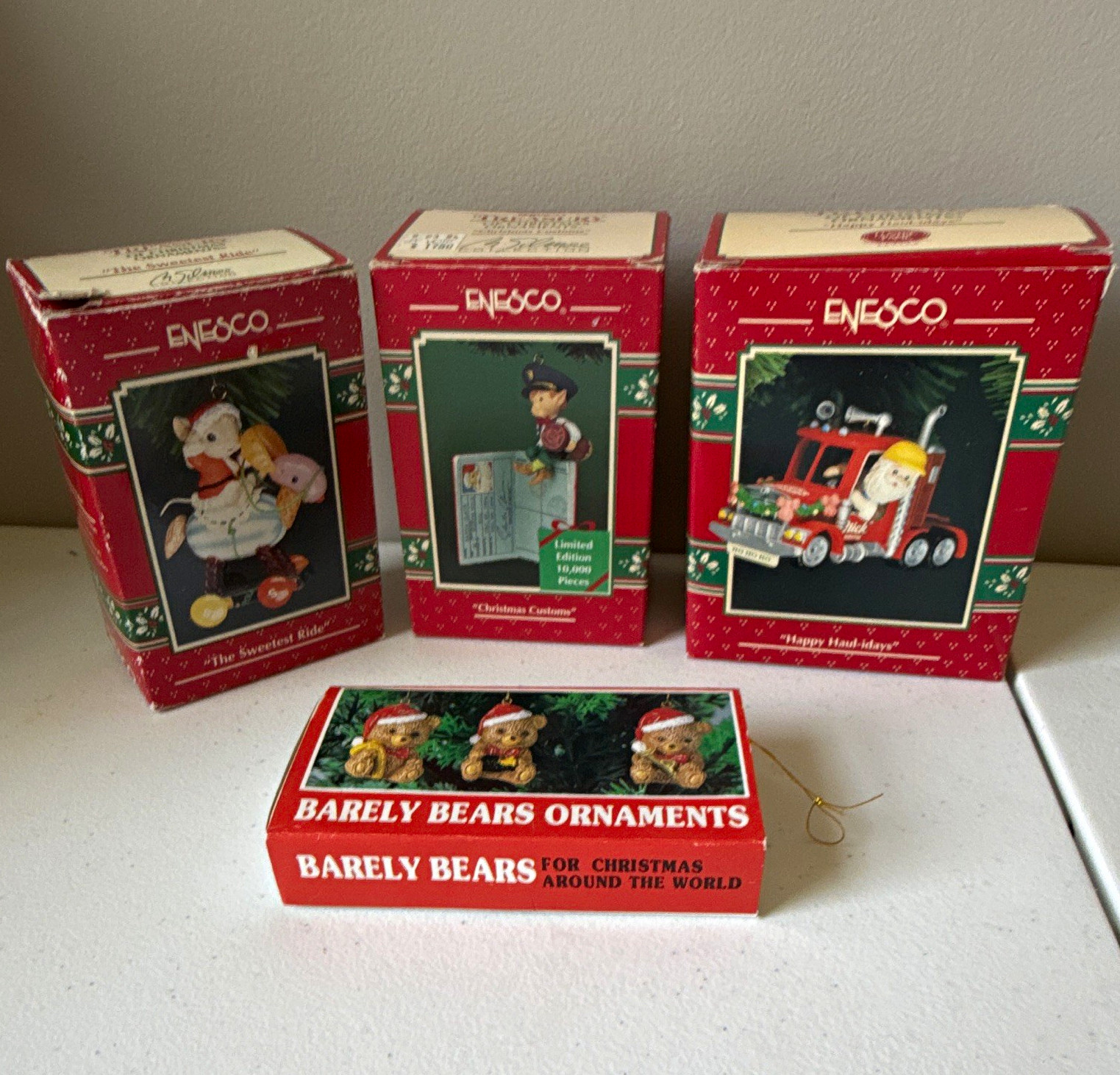 Vintage Enesco Barely Bears Christmas Ornament Lot of 3 Limited Edition with Box