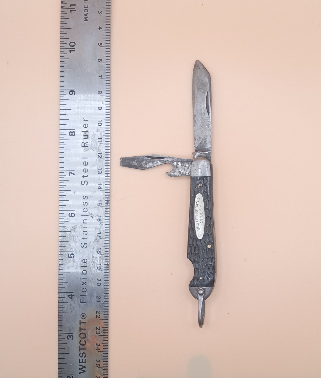 VINTAGE BUSTER BROWN SHOES 2 Tool Scout FOLDING KNIFE Easy-open Notch Black