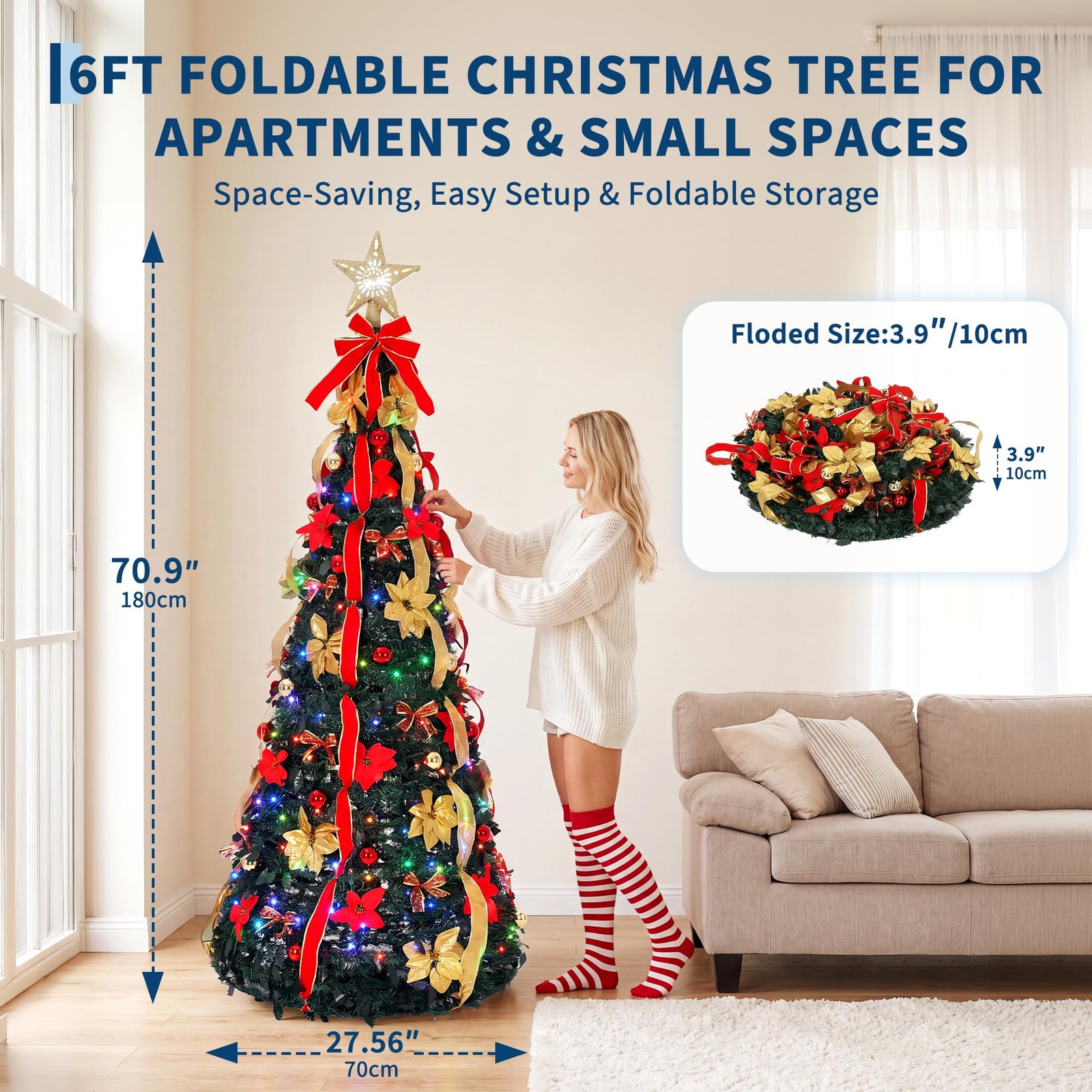 6 FT Pop Up Christmas Tree Pre-Lit 200 LED Lights with Projection Topper Remote