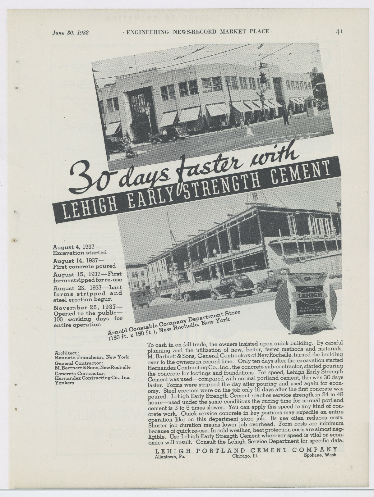 1938 Lehigh Cement Advertisement: Arnold Constable Store, New Rochelle, New York