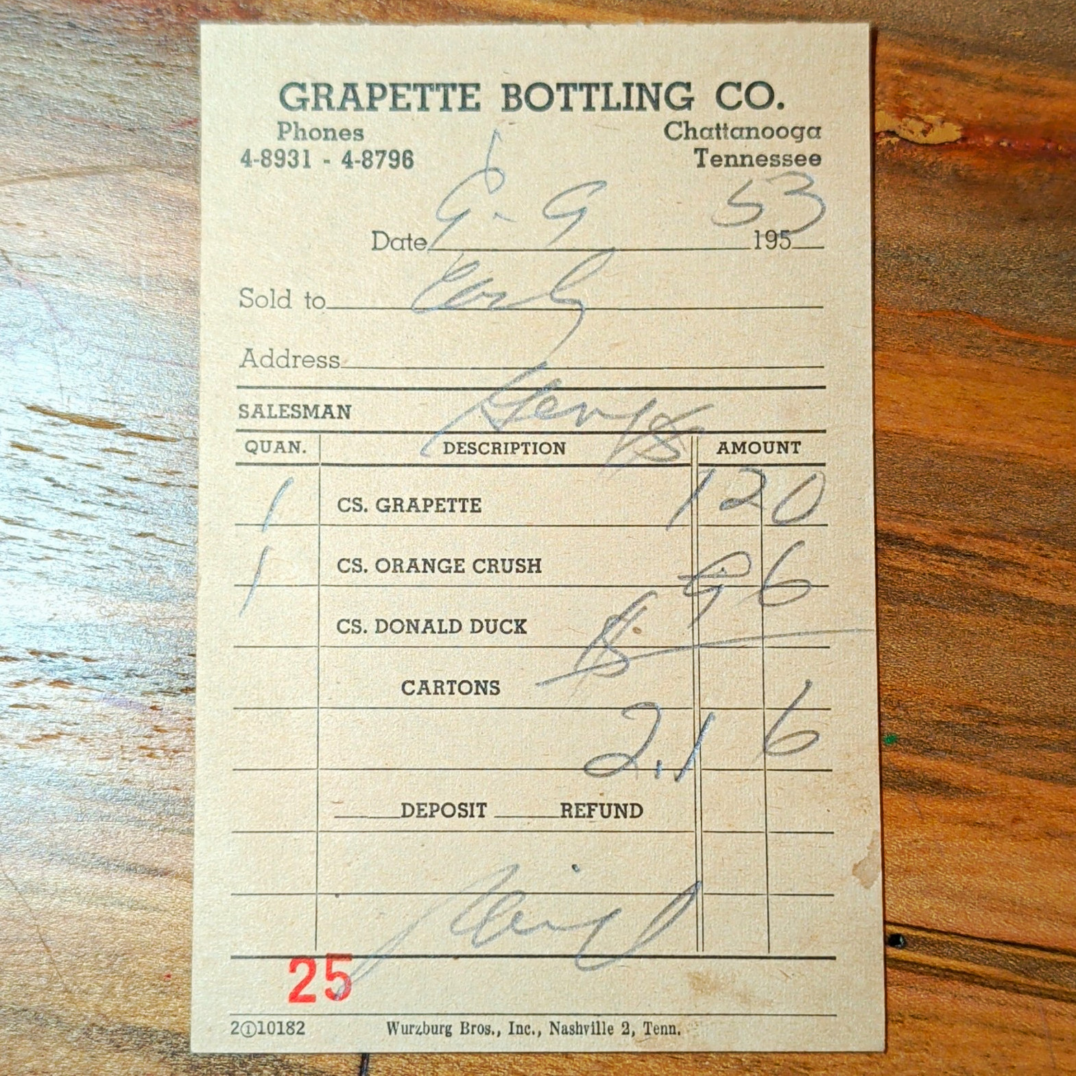 Grapette Bottling Co. 1953 Soda Receipt Chattanooga TN Grapette Orange Crush