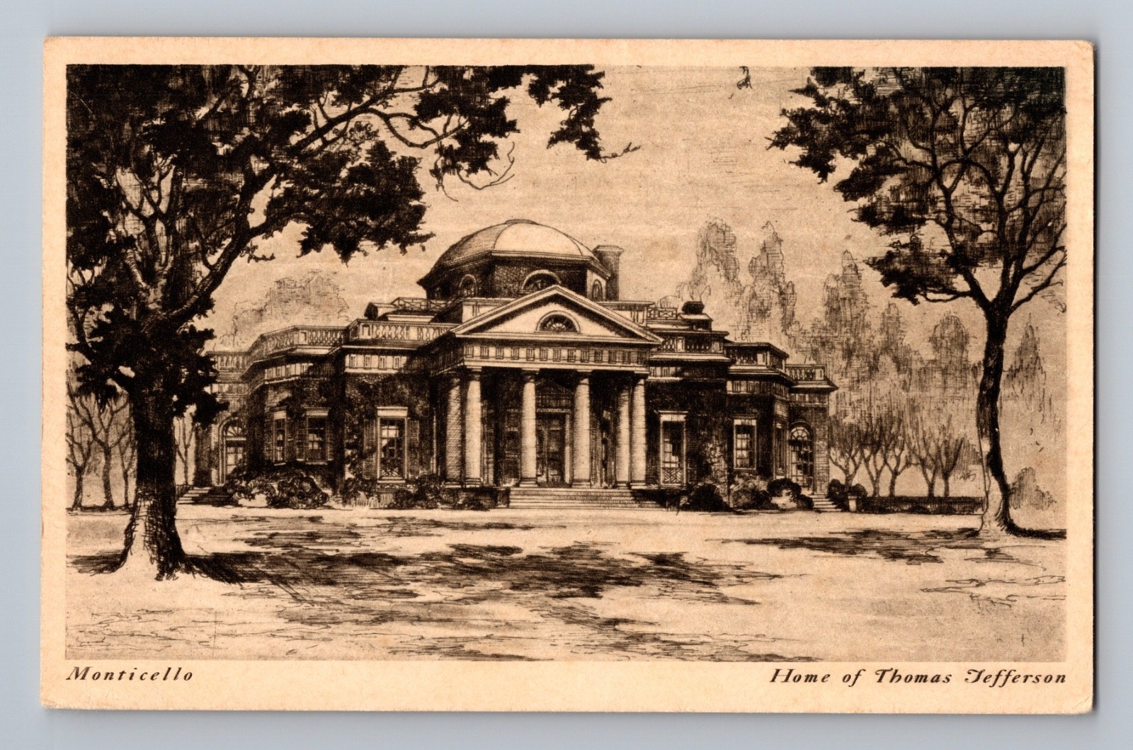 Home of Thomas Jefferson Monticello Virginia Postcard Everett Waddey Etching 