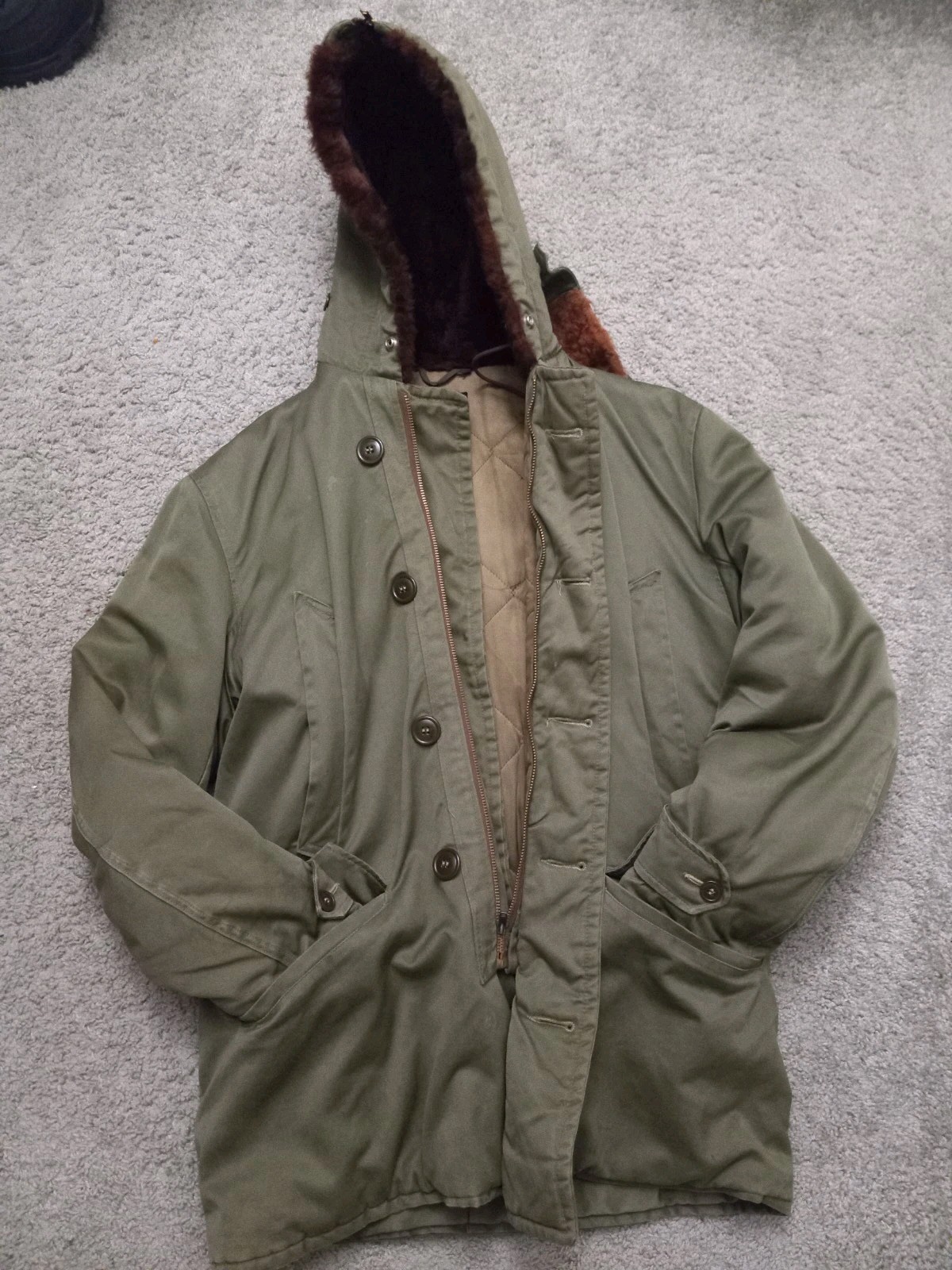 Vtg B-9 Style Parka Jacket Mens Medium Regular Green Talon Zipper Faux Fur Hood