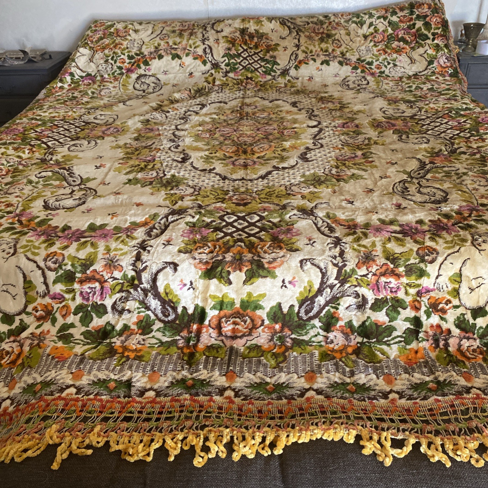 Vintage 1940's-50’s Italian Cherubs & Roses Velvet Huge King Bedspread Tapestry