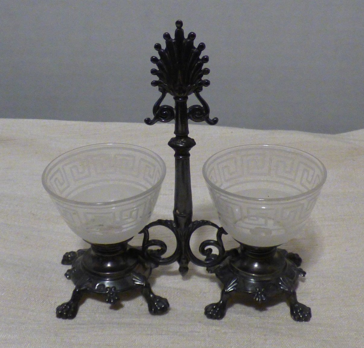 REPAIRED* Ornate Vintage Antique Salt Cellar Stand w Metal Frame 2 Dishes Bowls