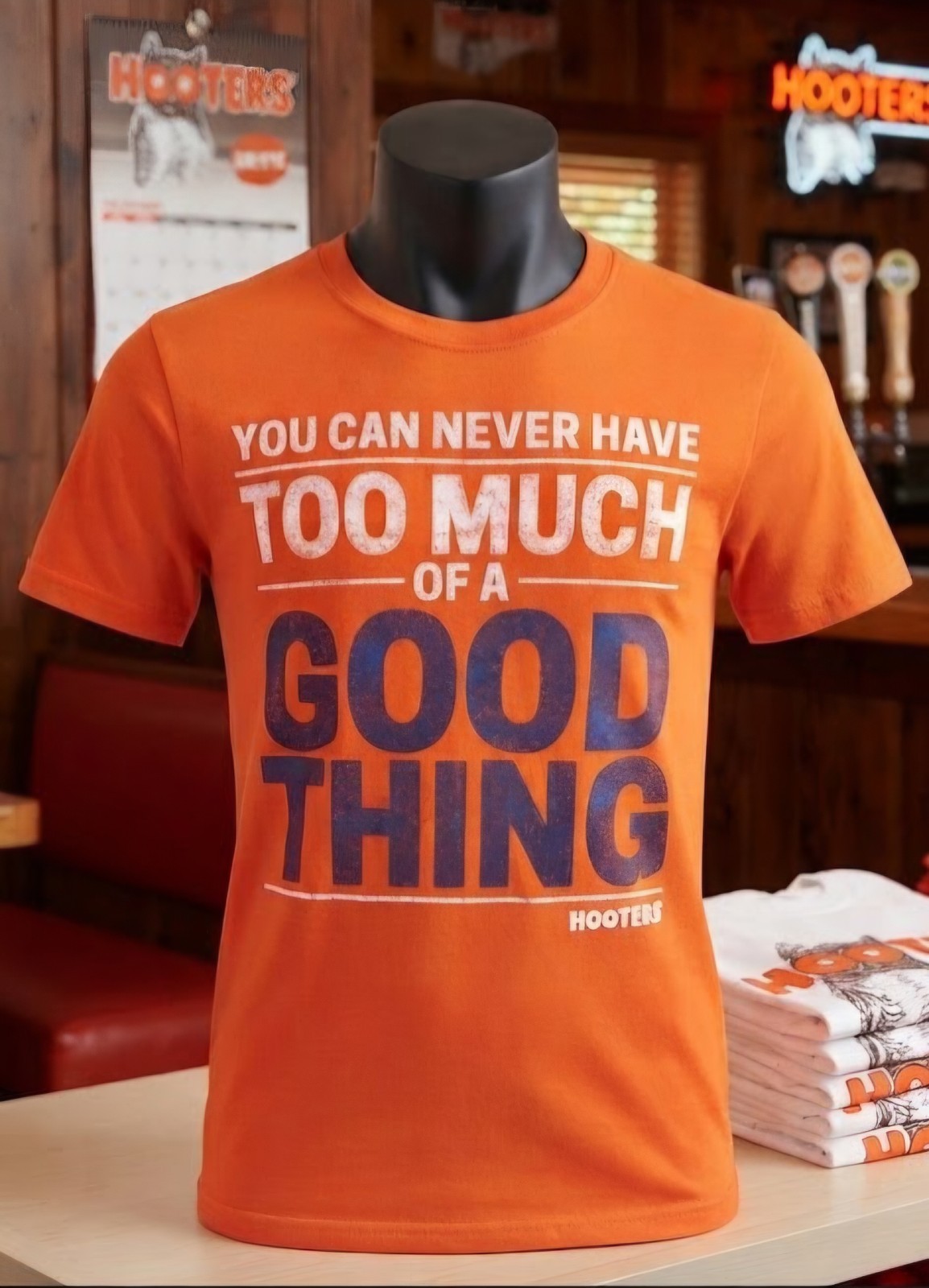 Hooters Restaurant Shirt Men's XXL Orange You Can Never Have Too Much Good Thing