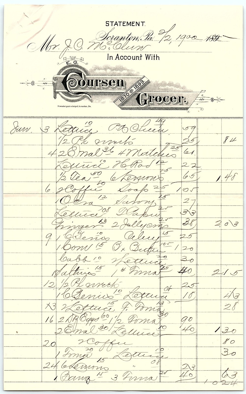 1900 Scranton PA Coursen Grocer billhead w/ itemized groceri