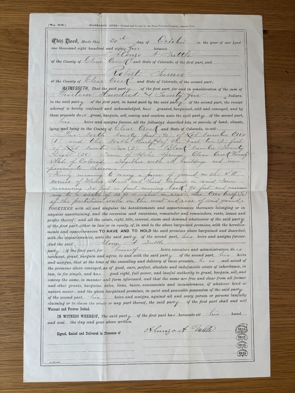 1885 IDAHO SPRINGS COLORADO MINING TOWN DEED ROBERT TURNER MINER ST & THIRD AVE