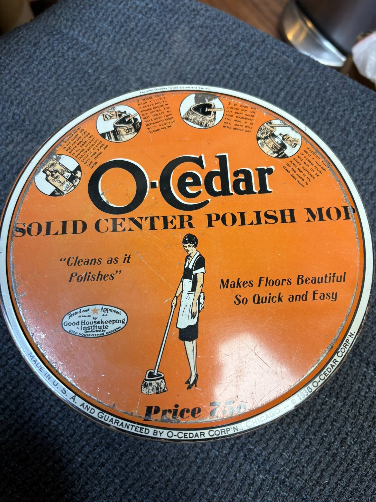 Vintage Original O-CEDAR No 15 Solid Center Polish Mop Tin O-Cedar Corp. Chicago