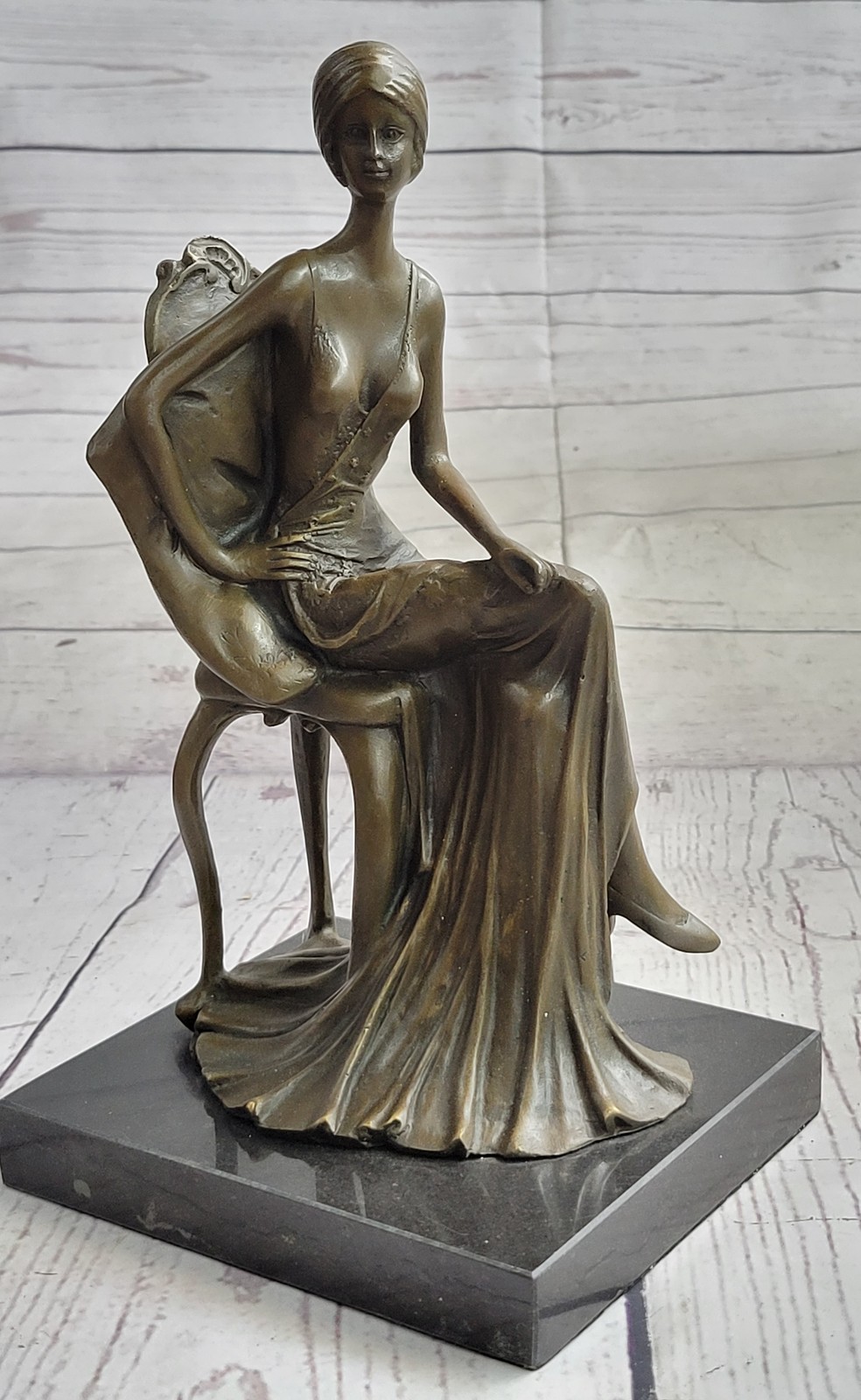 Pure Bronze Sculpture Statue Decor Rare Fashion Model Sitting On Chair Art Sale
