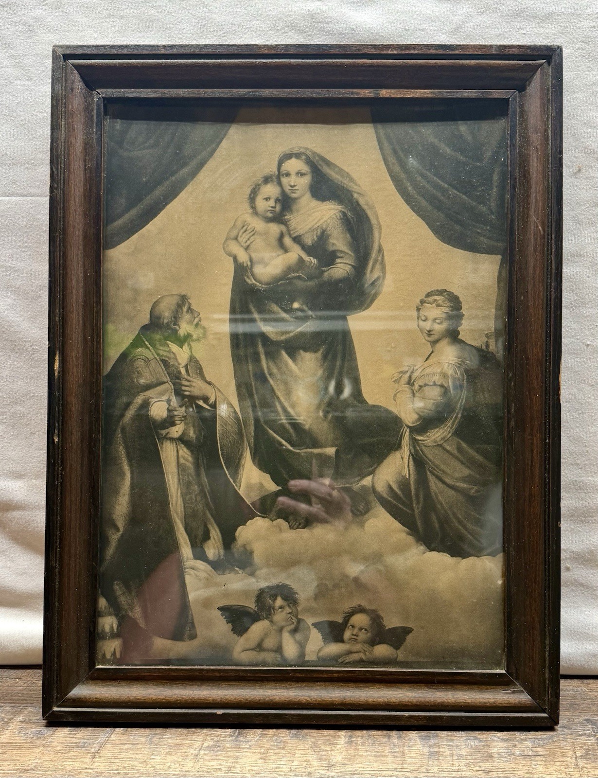 Antique Wood Picture Framed Print of Sistine Madonna Raphael ~ Religious Art