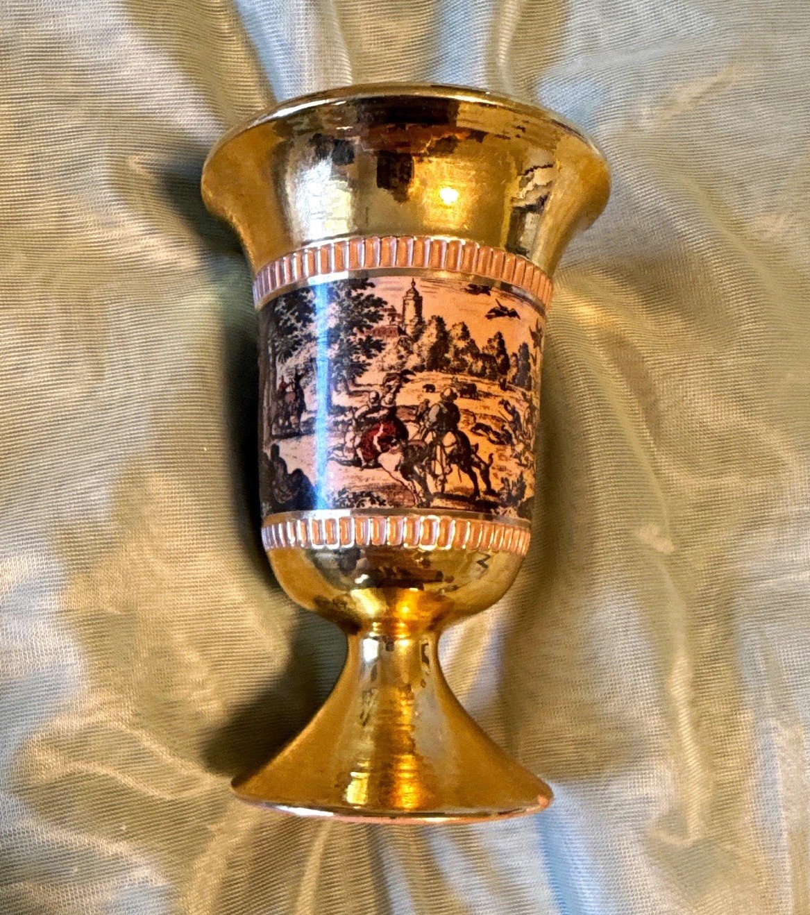 Vintage Italian Gold Gilt Pedestal Vase / Chalice MCM Pastoral Scene hand made