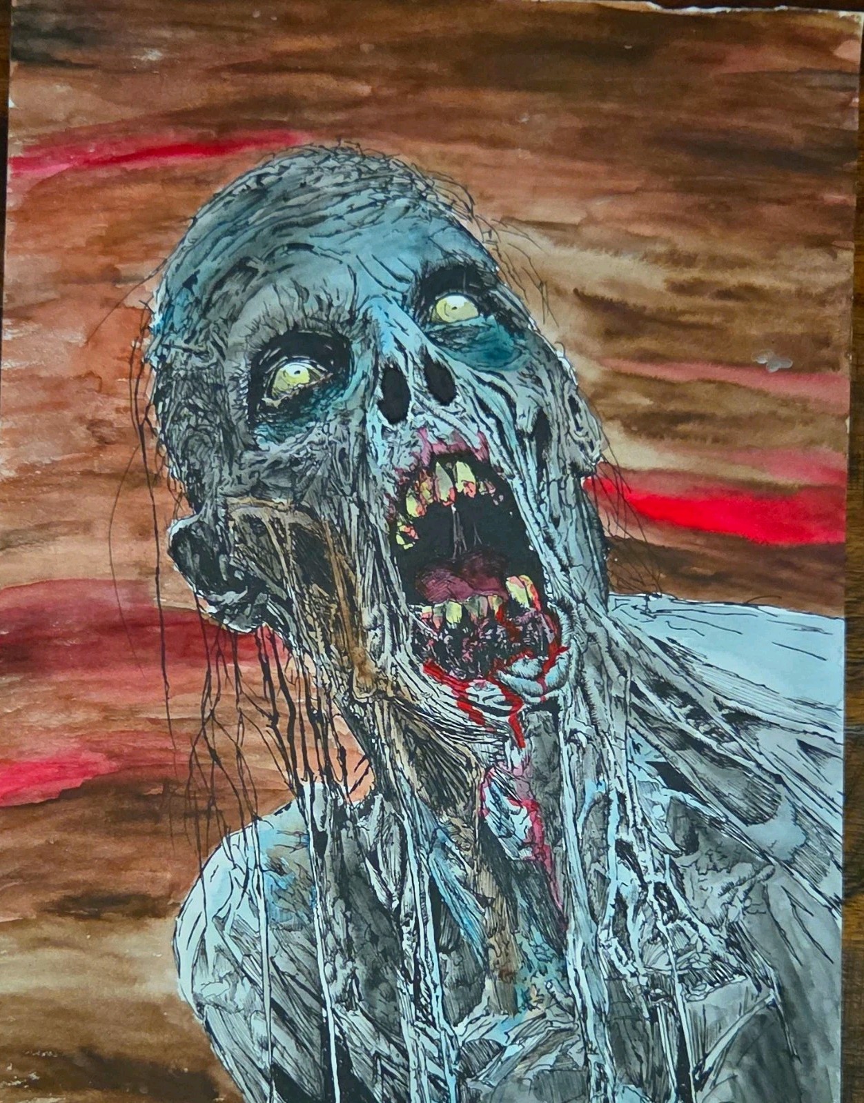 Commissoned Zombie Horror Portrait Painting, watercolor on waterboard 9x12 