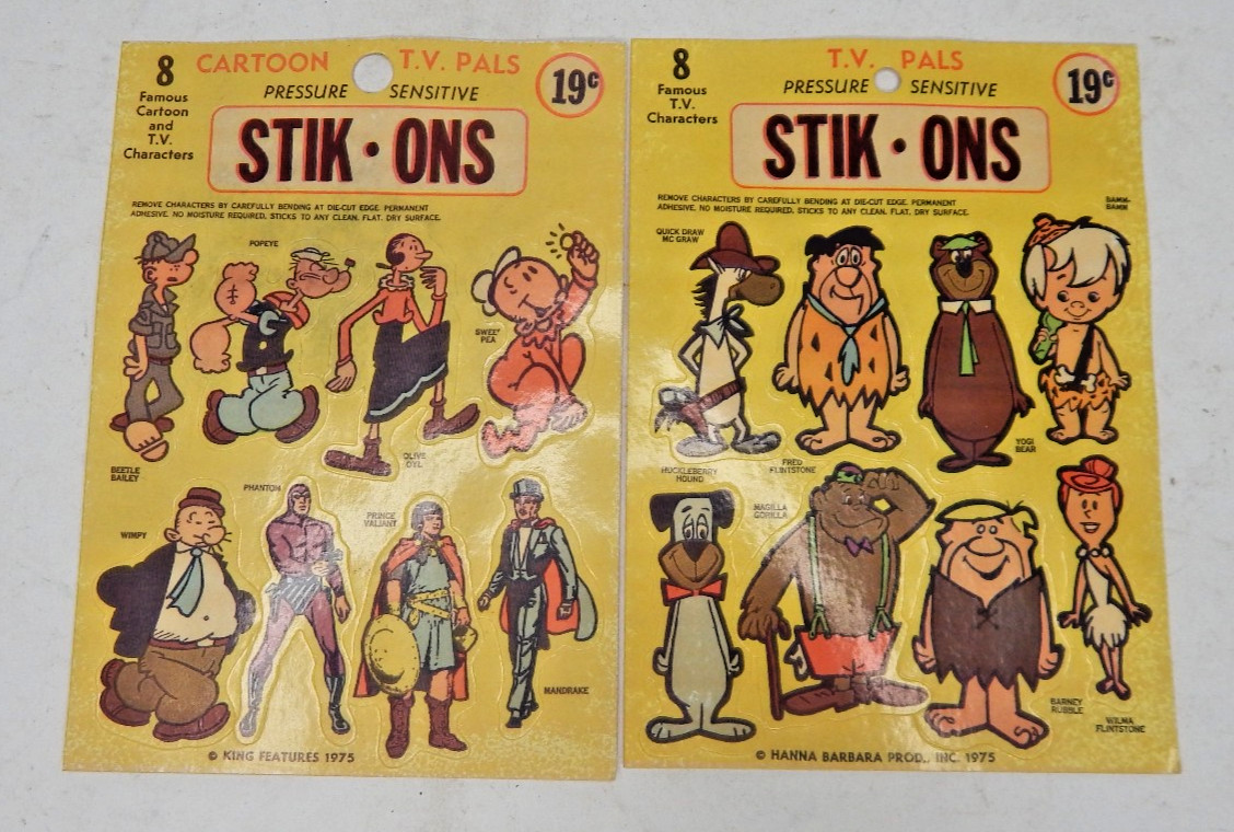 Vintage NOS King Features 1975 Sitk-On TV Character Stickers- Popeye Flintstones