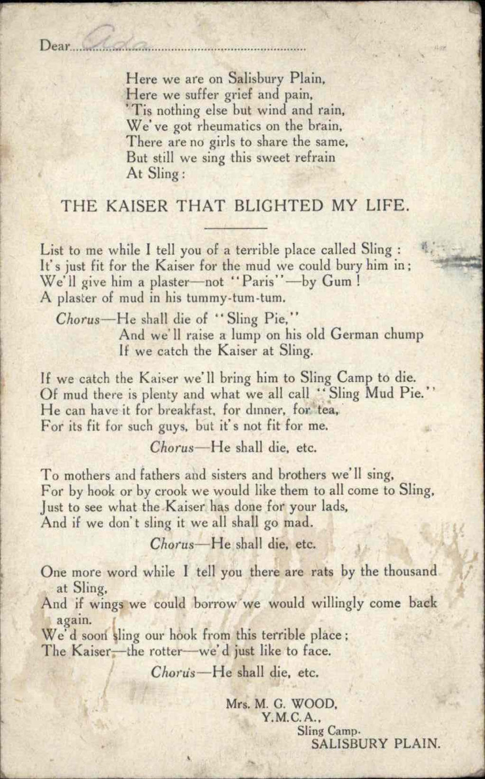 WWI SALISBURY PLAIN WILTSHIRE Sling Camp Kaiser That Blighted My Life SONG PC