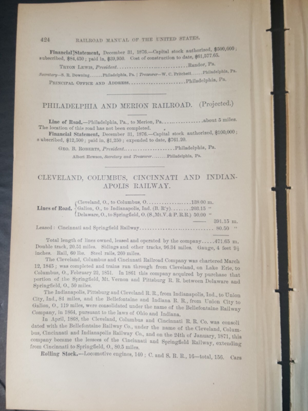 1878 railroad report Cleveland Columbus Cincinnati & Indianapolis Railway Galion