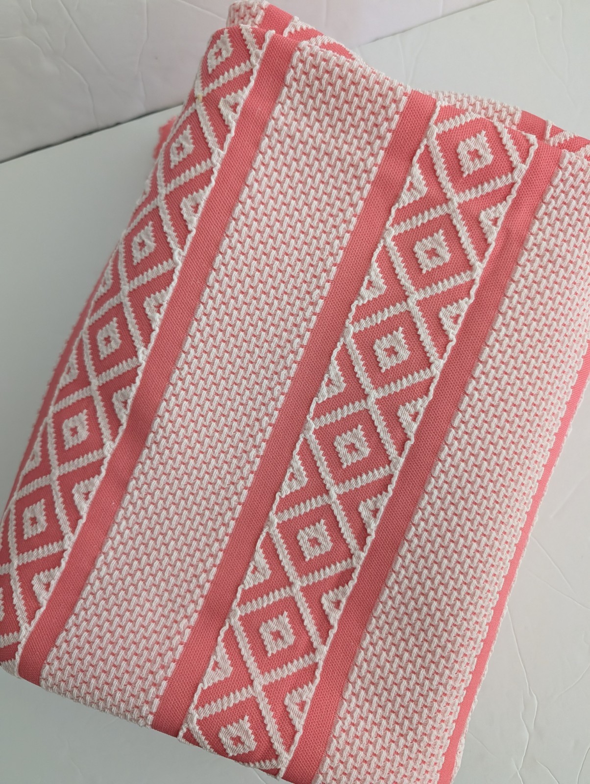 Vtg 1970s Fabric Polyester Double Knit Melon Pink White Geometric Aztec 3yds