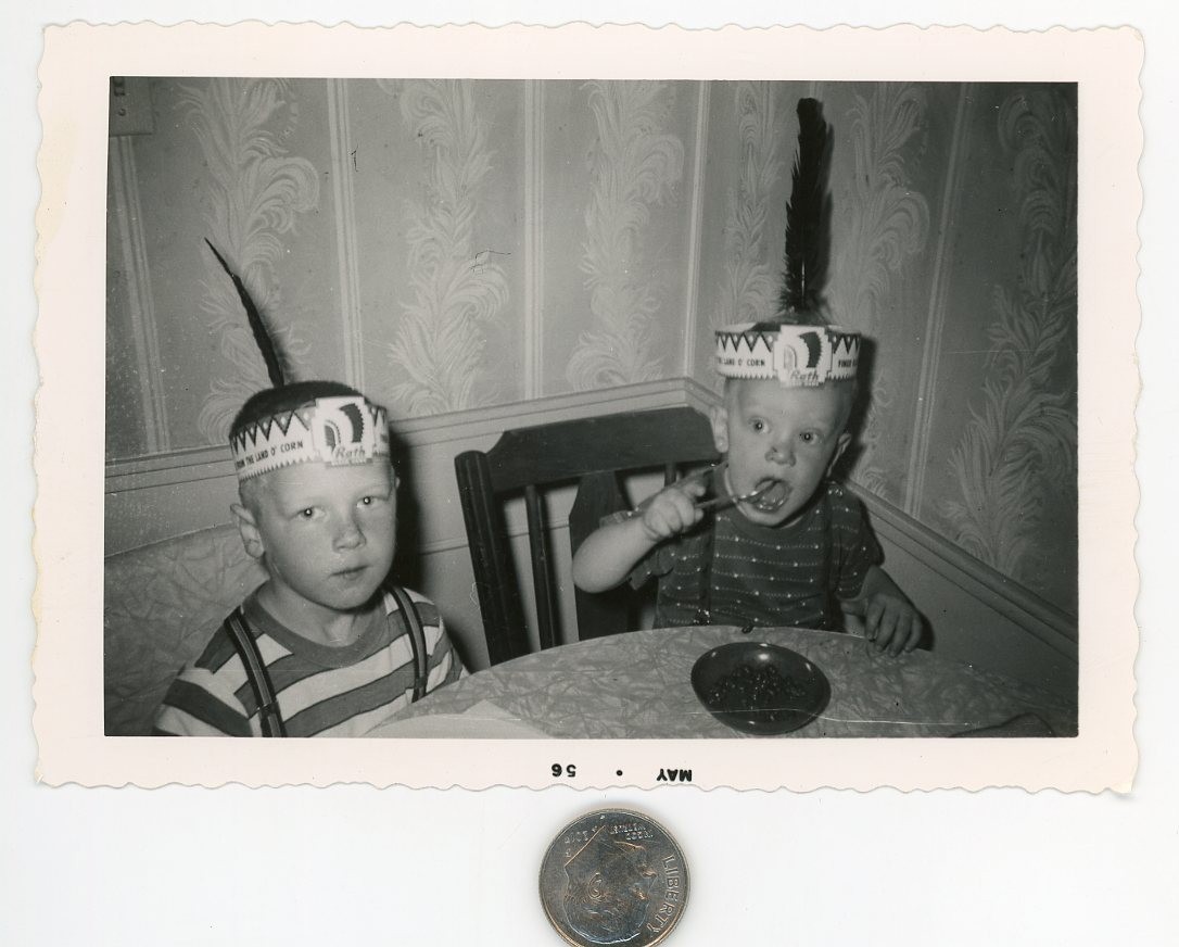 Old 1950's photo / Faux Indian Kids Eat Sugar & Maize LAND OF CORN Feather Bands
