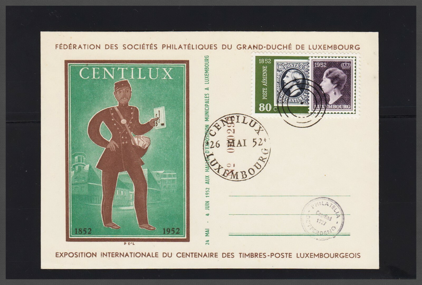  1952 FDC Luxembourg Fédération des Socciétés PHILATÉIQQUES Centilux