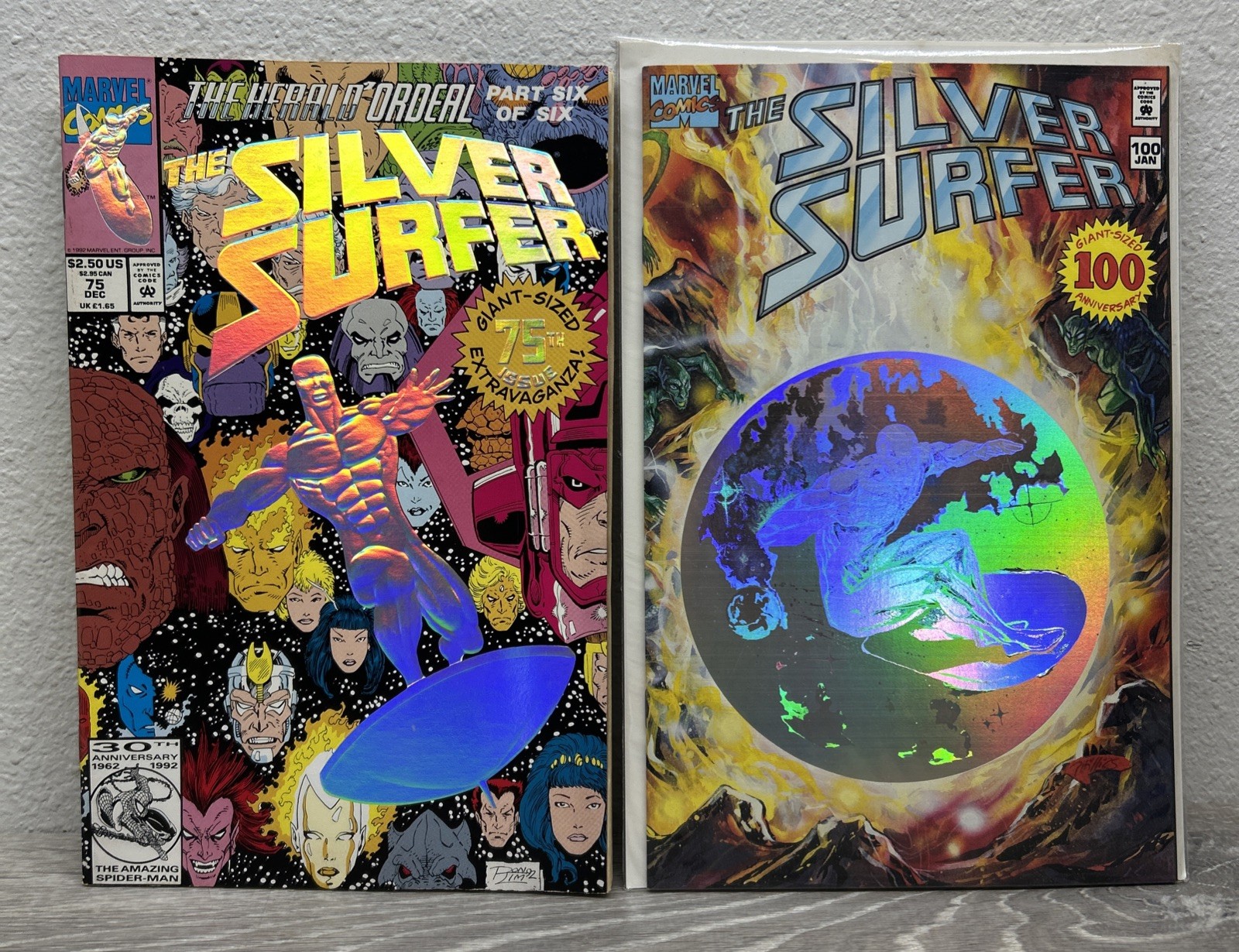 VTG MARVEL COMICS-THE SILVER SURFER #75 1992 & #100 1995-HOLOGRAM COVER NM
