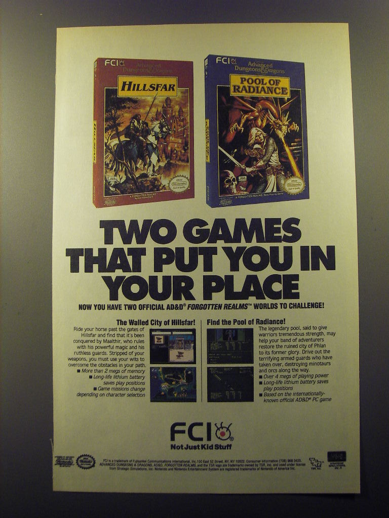 1992 FCI AD&D Hillsfar and Pool of Radiance Video Games Advertisement
