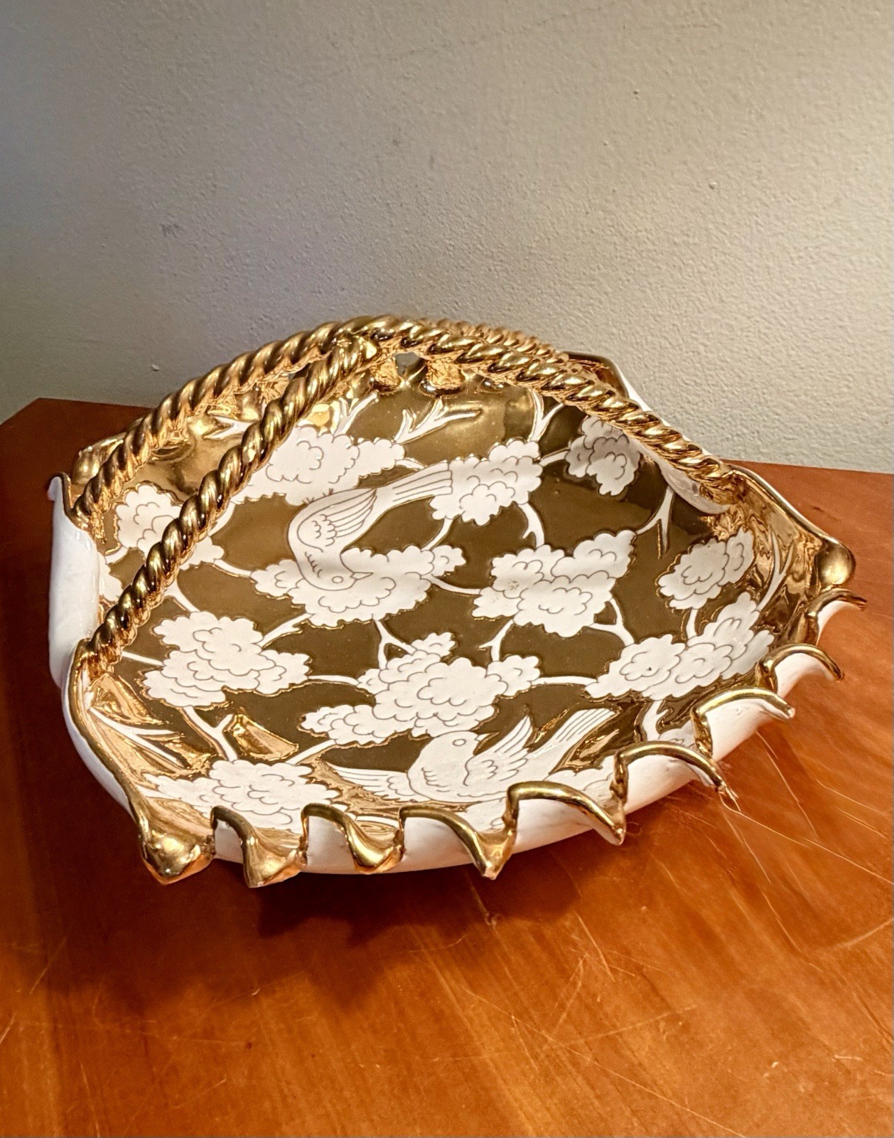 Vintage Italian Porcelain Gold Gilded Basket w/ Bird and Tree Motif
