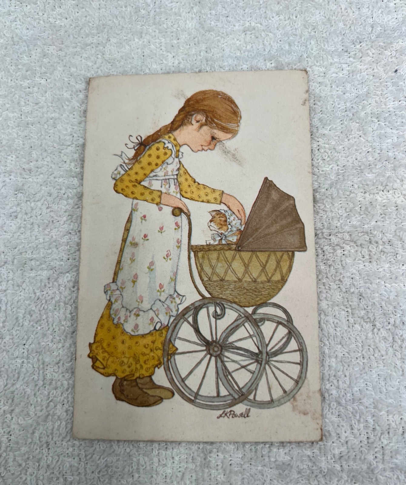 Vintage 70\'s Linda K Powell LKP Current Blank Card Girl Pushing Cat Stroller