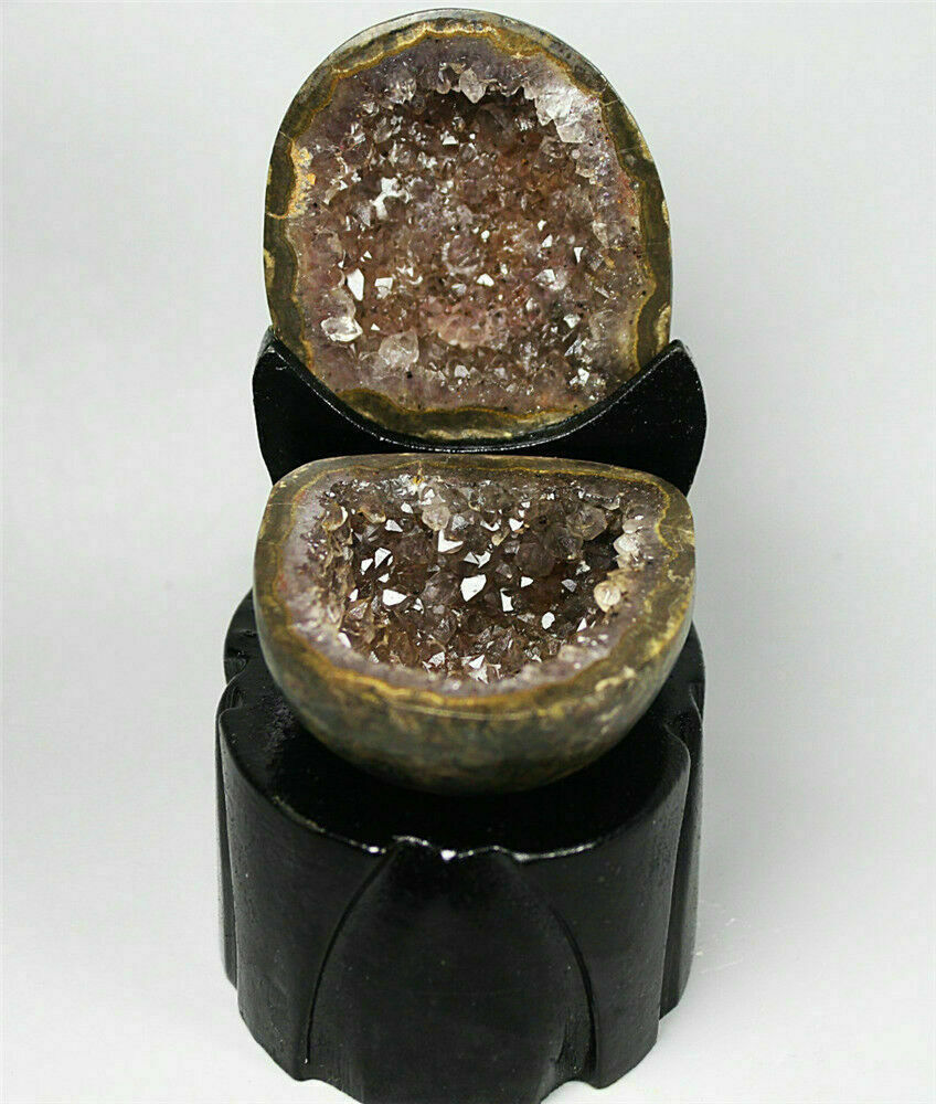 A Pair  Natural Agate Geode Quartz Crystal Cluster Point Specimen / Stand 266g