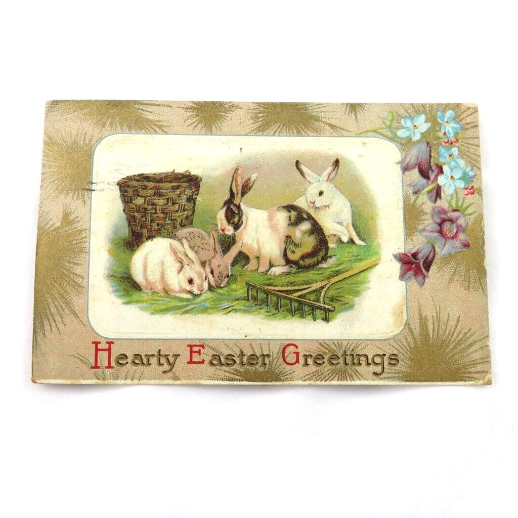 Vintage Postcard 1912 Hearty Easter Greetings Rabbits Garden Rake Embossed 