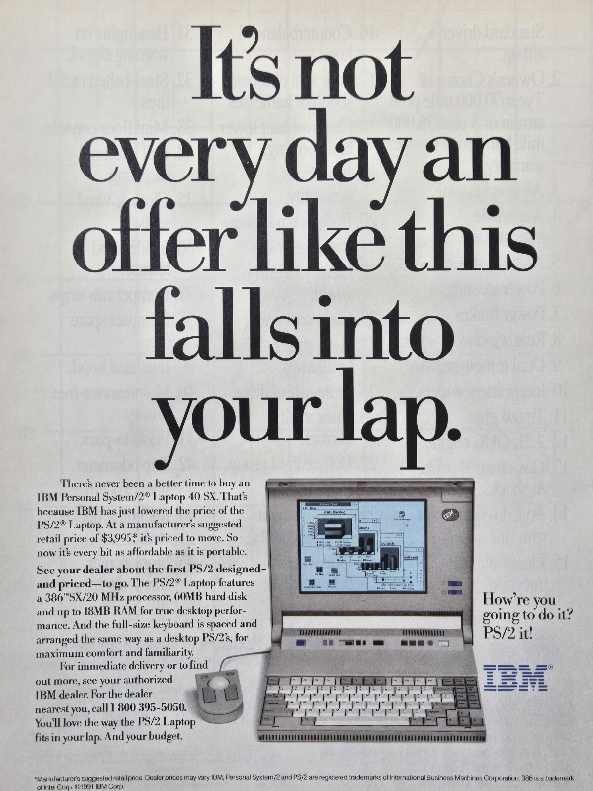 IBM Personal System 2 Laptop 40 SX $3,995 Priced To Move Vintage Print Ad 1991