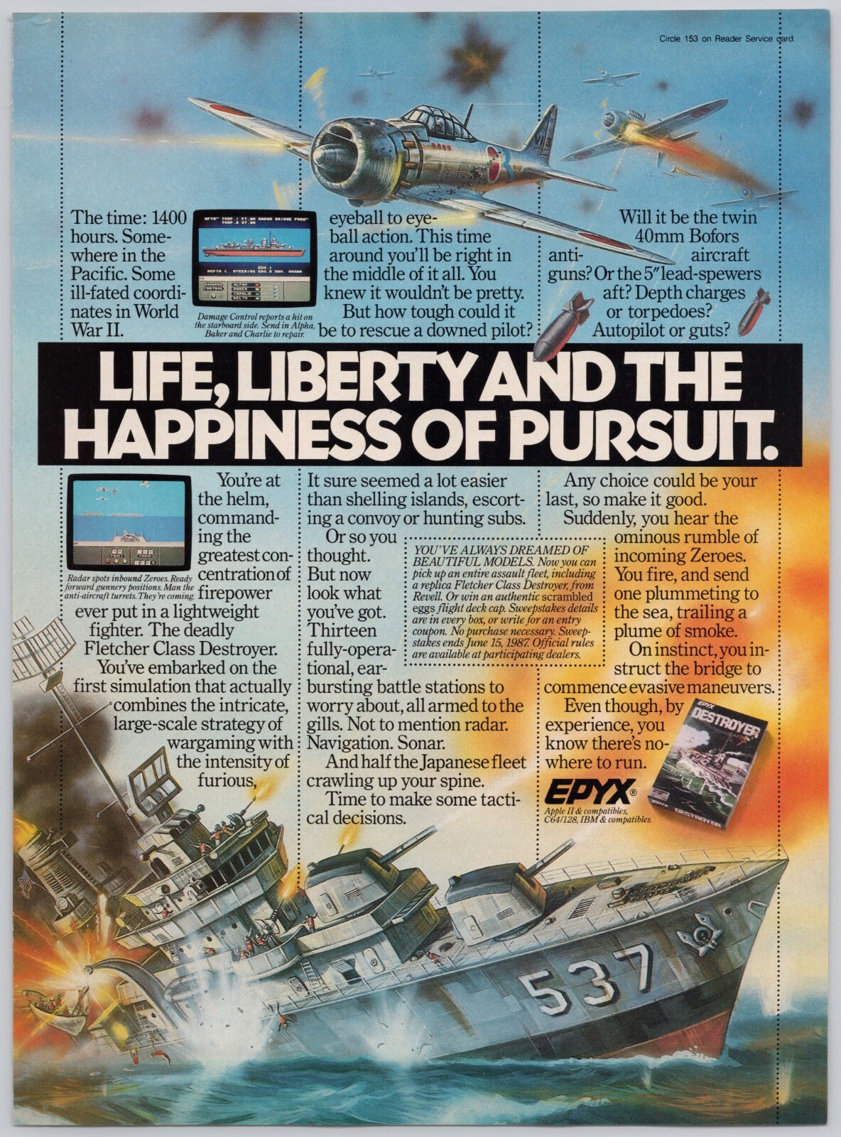 1987 Epyx Destroyer Computer Video Game Commodore 64 Apple II Vintage Ad 