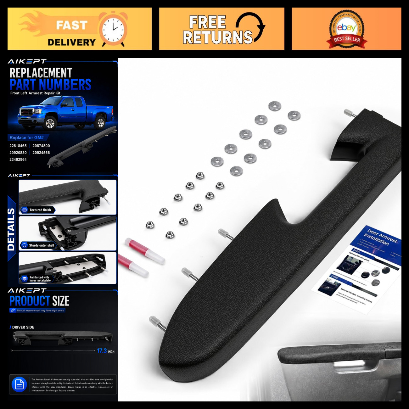 Front Left Black Armrest Kit for Silverado Sierra 2010-2014 - Durable Replacemen