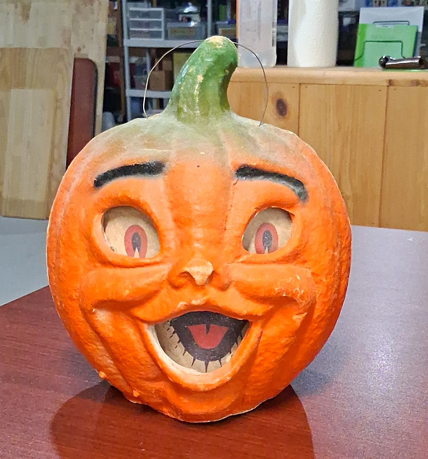 Vintage Two Faced 1940-1950\'S Halloween pumpkin with rare green stem.
