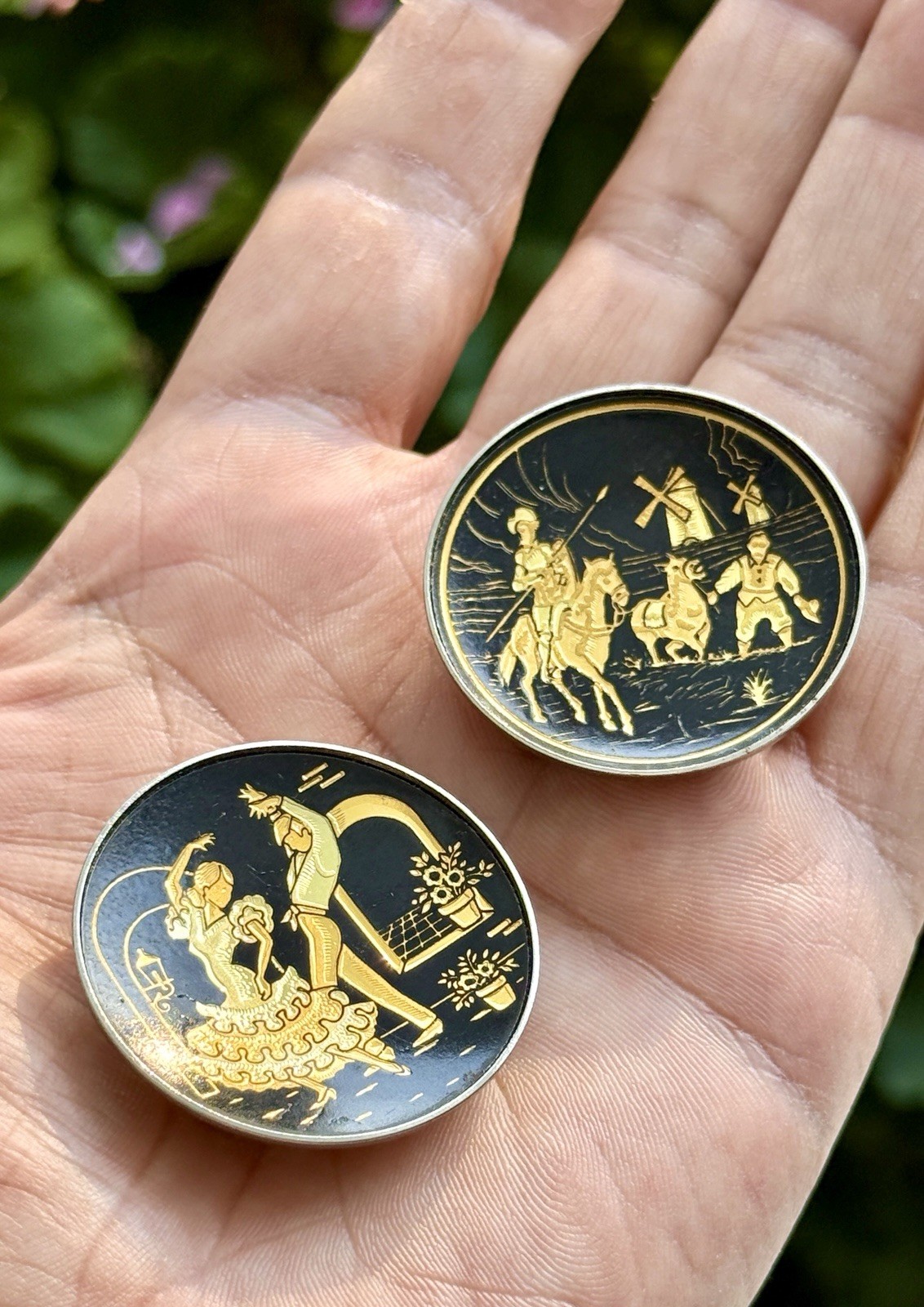 Vintage Toledo Damascene 2 Miniature Footed Plates Don Quixote Flamenco Dancers