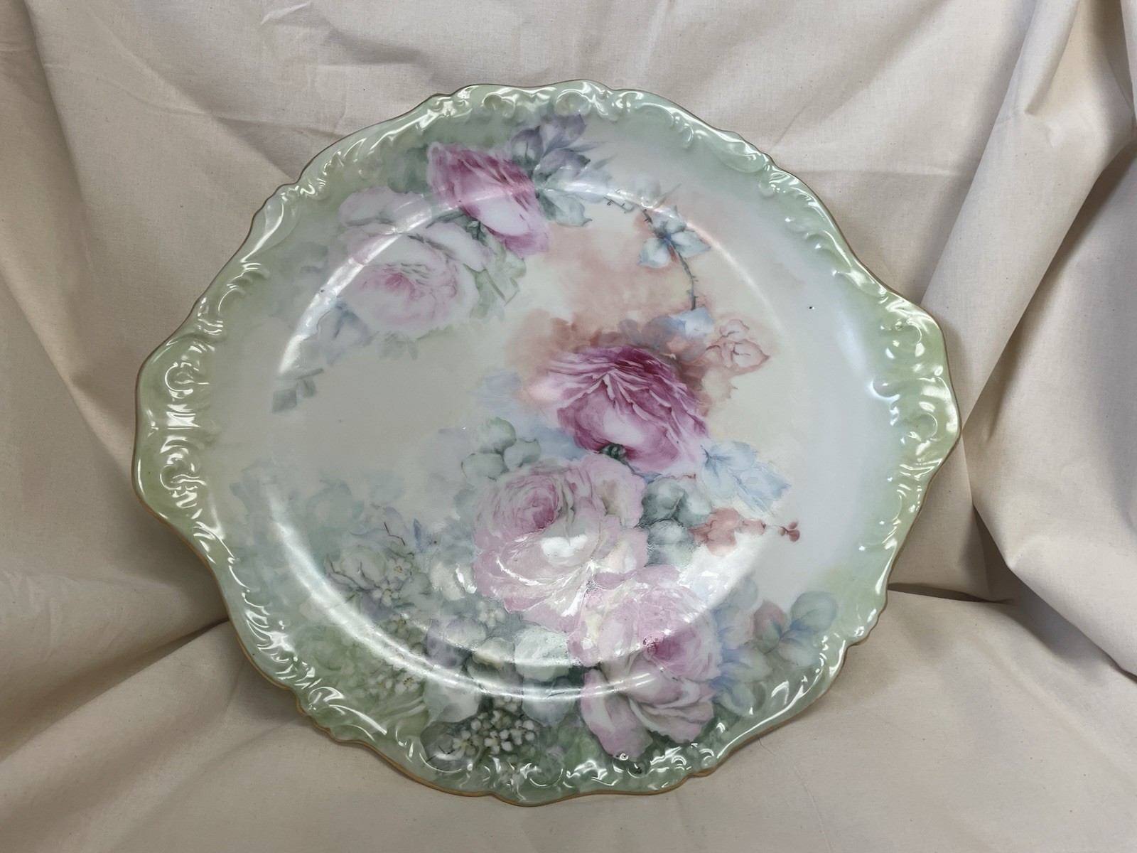 Antique T&V Limoges France 14.5” Rose Floral Charger Platter Gold Trim