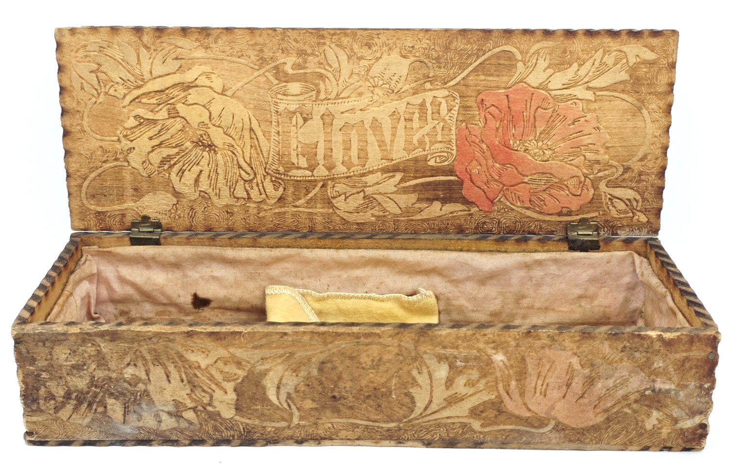 Antique 1900s Pyrography Wood Glove Box Gregrarian Poppy Design 3 1/2