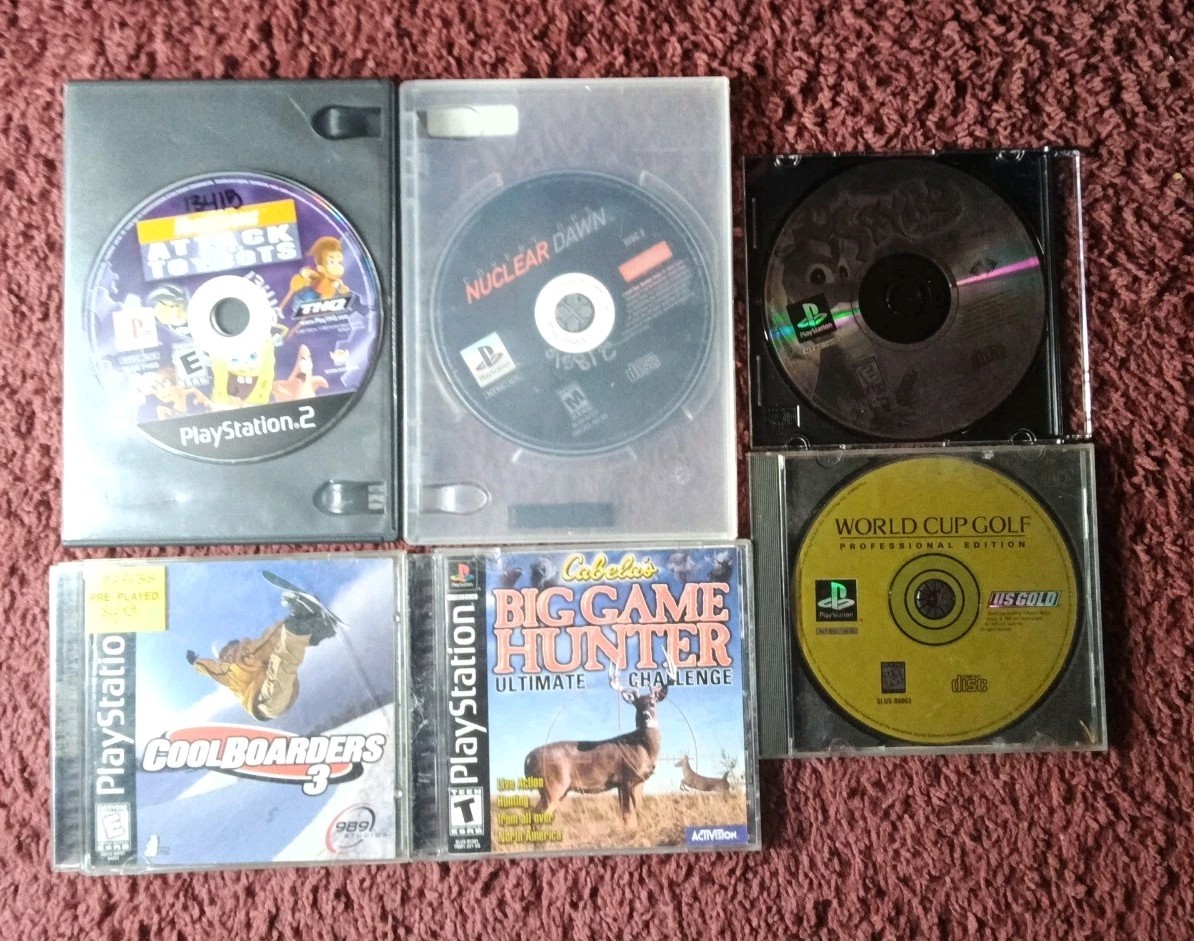 Ps1 Game Lot Of 5 + 1 Ps2 Game Cool Boarders 3,Big Game Hunter,Spyro, SpongeBob 