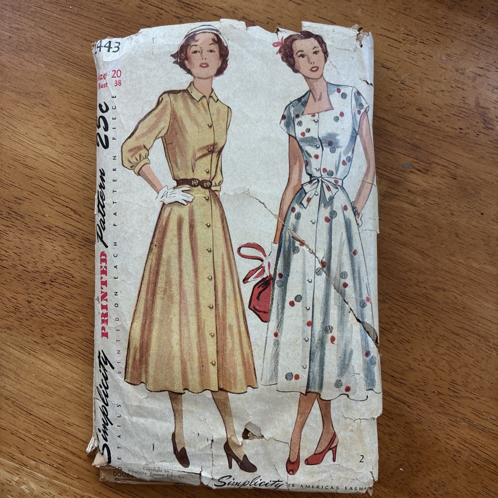 VTG 1948 Simplicity 2443 Dress Sewing Pattern 3/4 Sleeve Size 20 Bust 38
