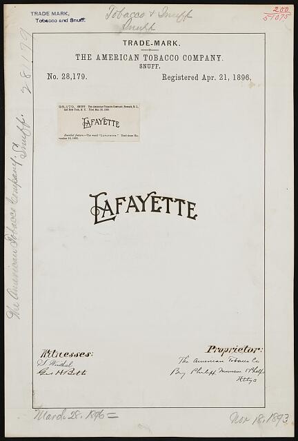 American Tobacco Company Lafayette Snuff Trade Mark 1896 Trademark Design