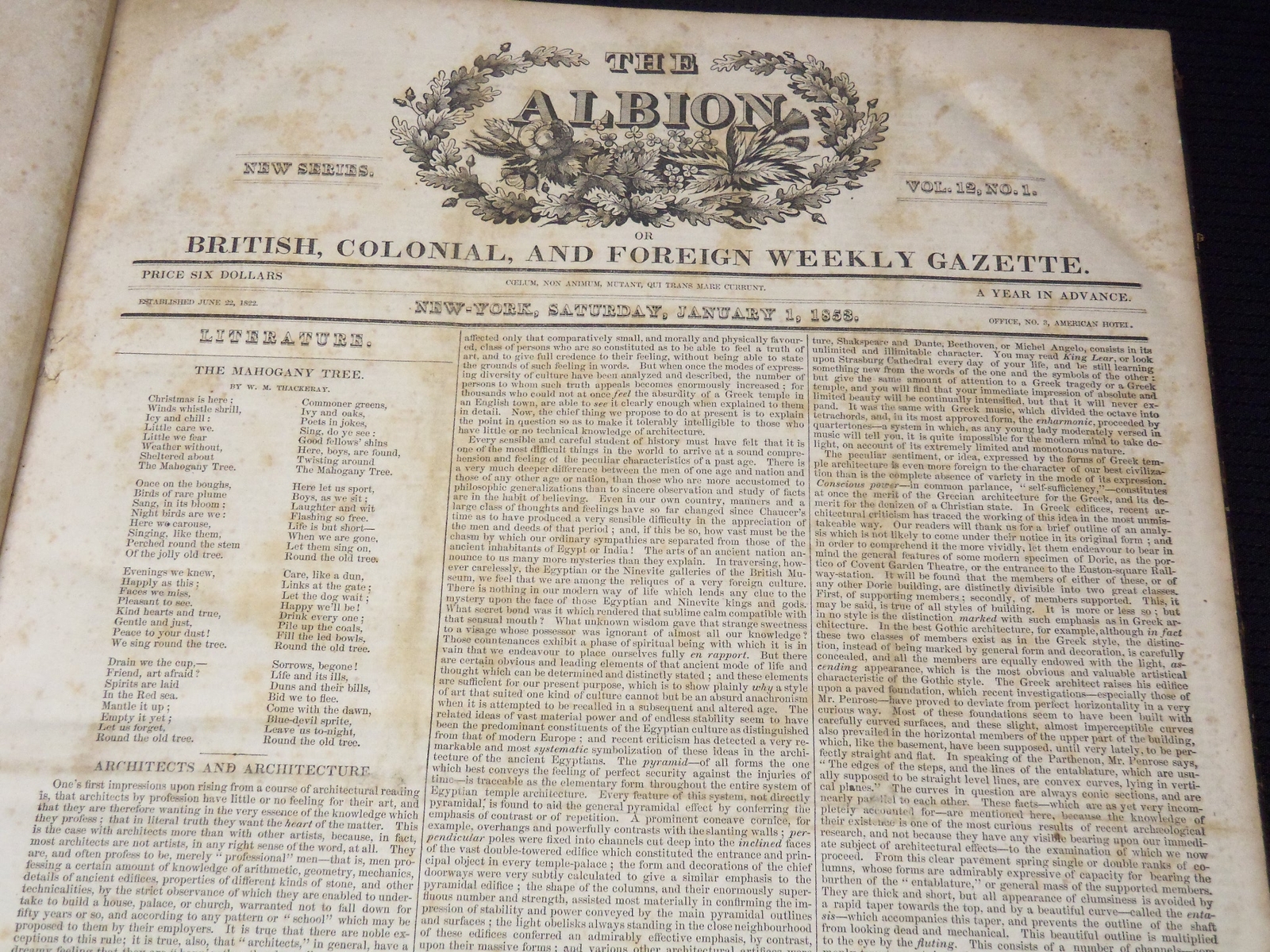 1853 THE ALBION WEEKLY GAZETTE NEWSPAPER VOLUME - NEW SERIES VOLUME #12 - R 441