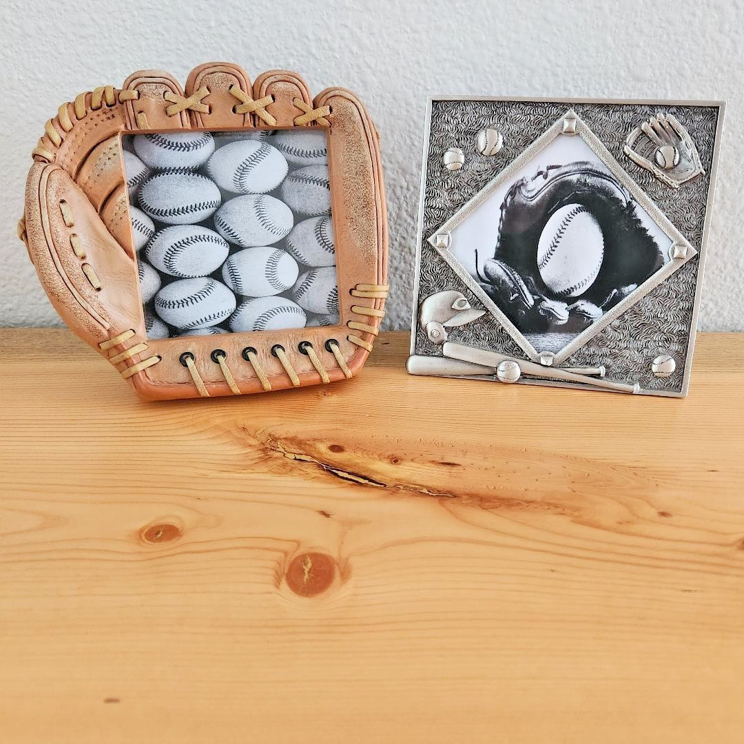 Vintage Baseball Picture Frame Lot of 2 Pewter Diamond & 3D Glove Mitt EX