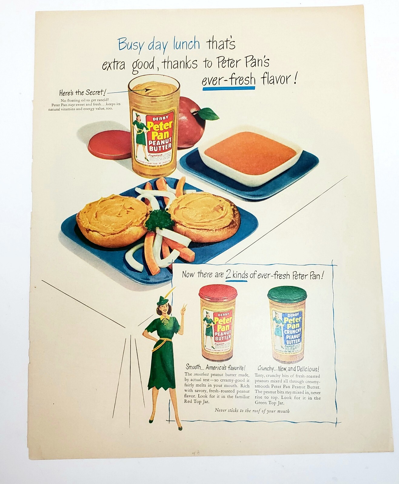 Vintage Derby's Peter Pan Peanut Butter Magazine Ad 1949 14x10.5
