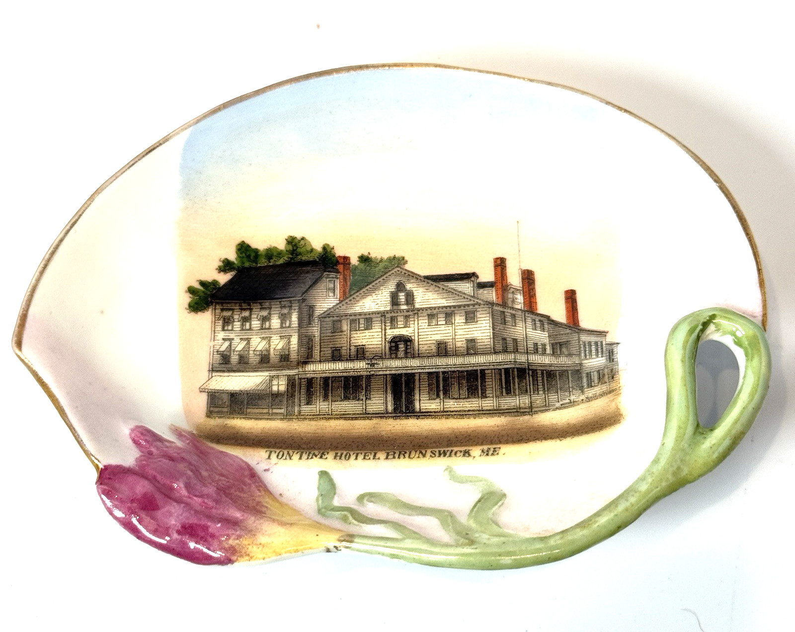 BRUNSWICK MAINE ME Antique Souvenir TONTINE HOTEL FLOWER TRINKET DISH PLATE