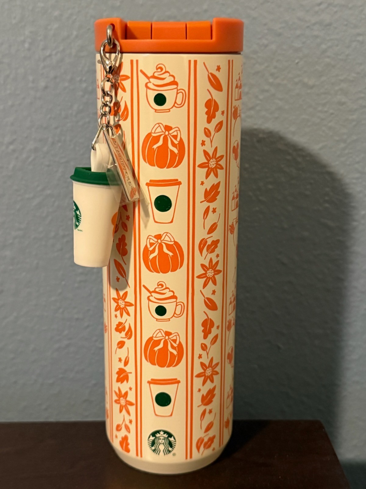 Disney Parks Starbucks Pumpkin Spice Fall Tumbler & Charm Stainless Steel NWT